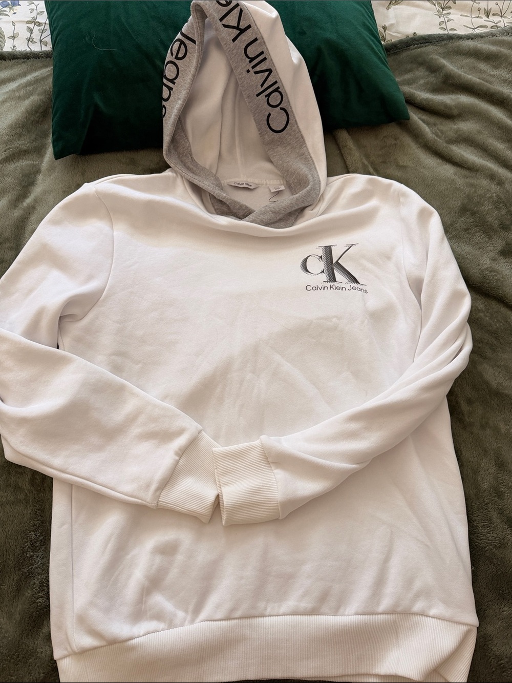 Calvin Klein Jeans White Hoodie with Gray Logo Hood Trim
